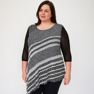 Chico's Travelers Asymmetric Geo Stripe Tunic Top Sz XL Black White Sheer Sleeve